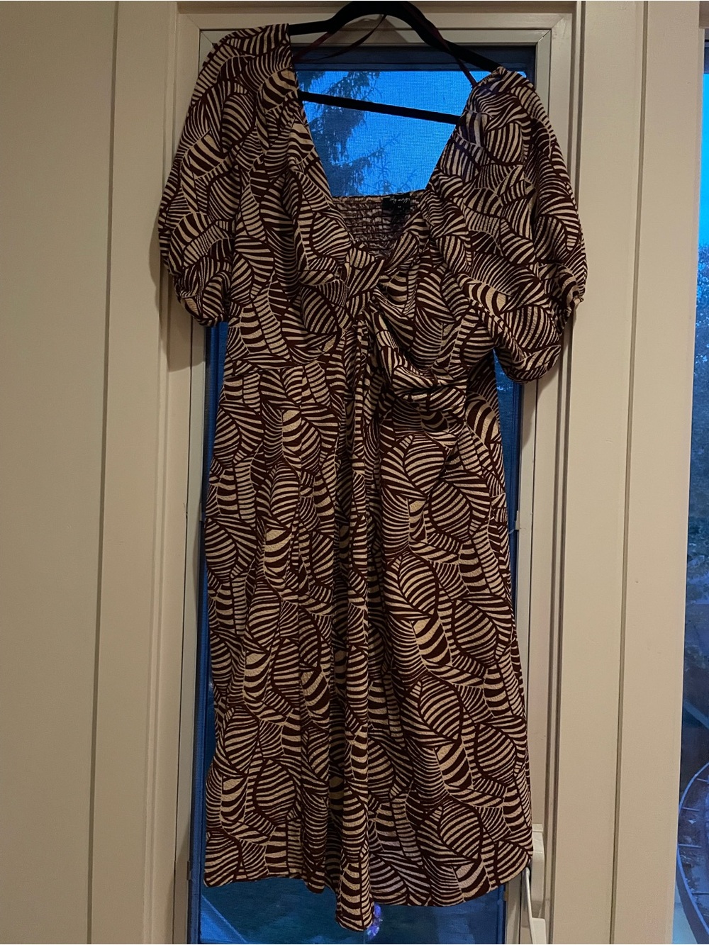 Printed Brown and Cream Midi Dress with Puff Sleeves